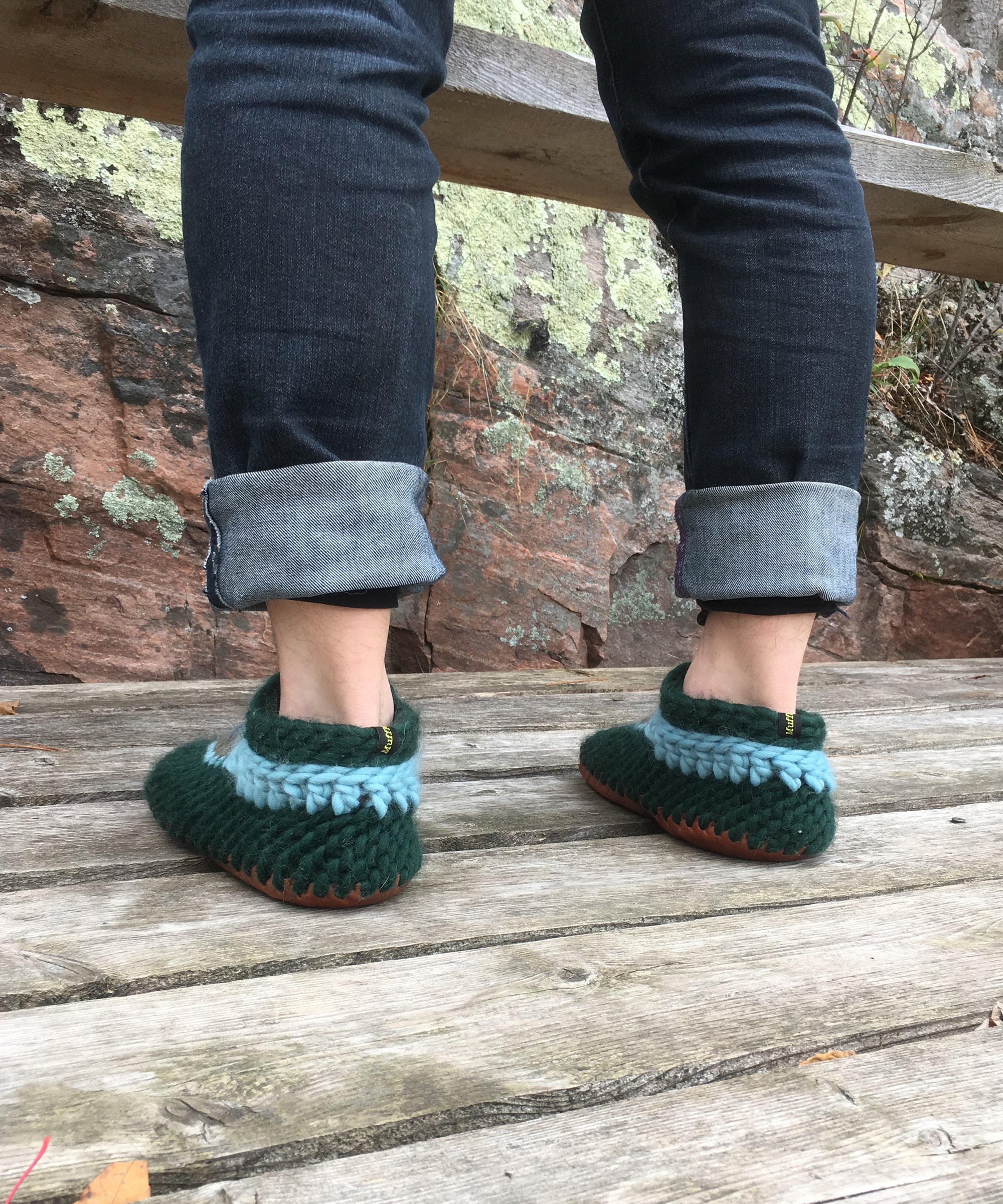 Cozy winter indoor shoes handmade in Canada. Green Woolen shoes sustainable slippers