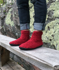 Red Merino Wool Ankle Bootie Slippers, Made in Canada