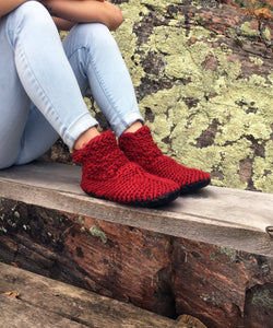 Red Merino Wool Slippers with Leather Soles, Made in Canada