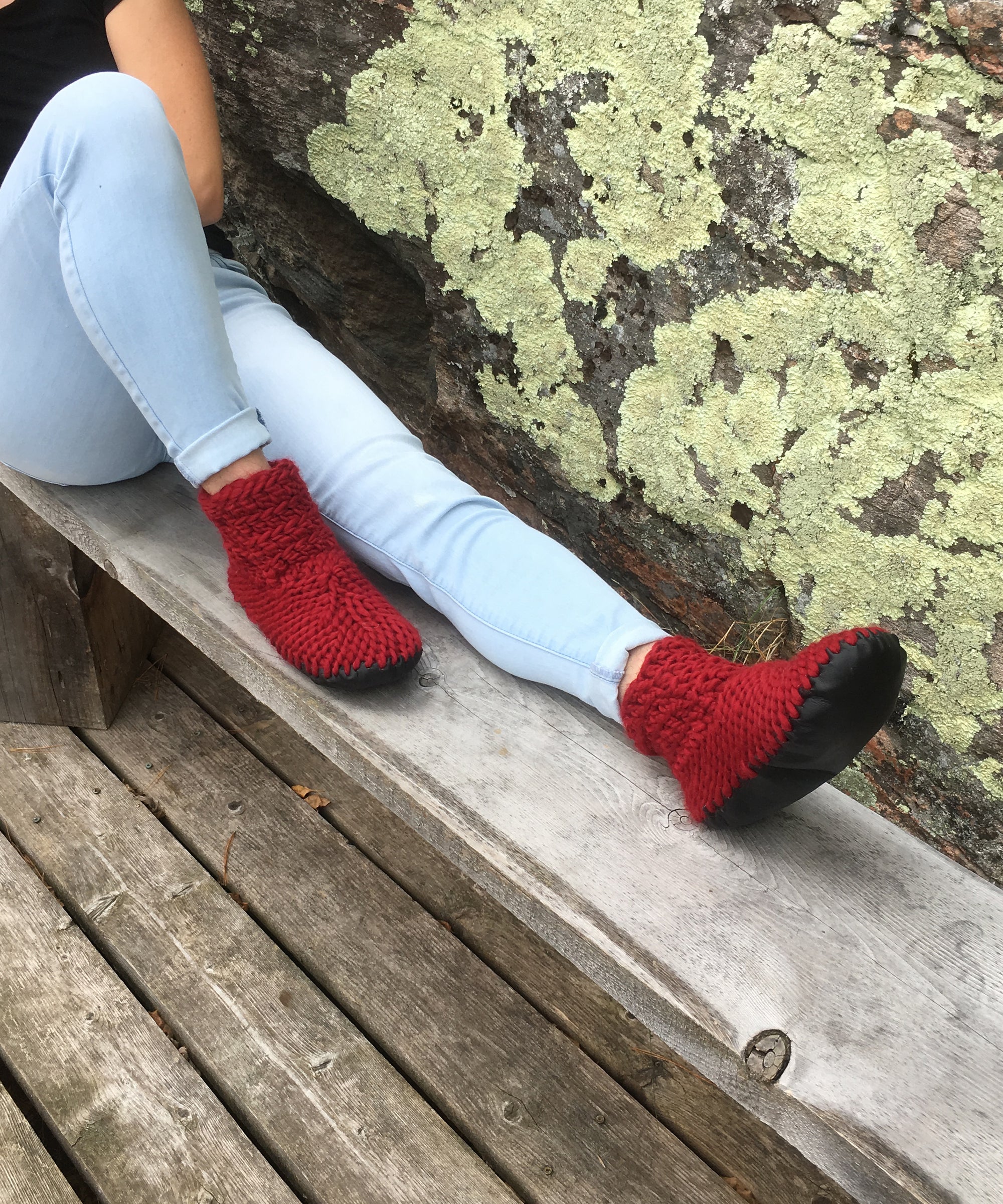 Red Woolen House Shoes with Leather Sole