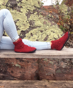 Red Merino Wool Ankle Bootie Slippers with Leather Soles, Made in Canada