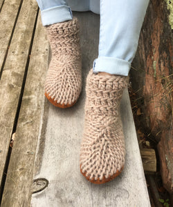 Beige Merino Wool Slippers with Leather Soles, Handmade in Canada