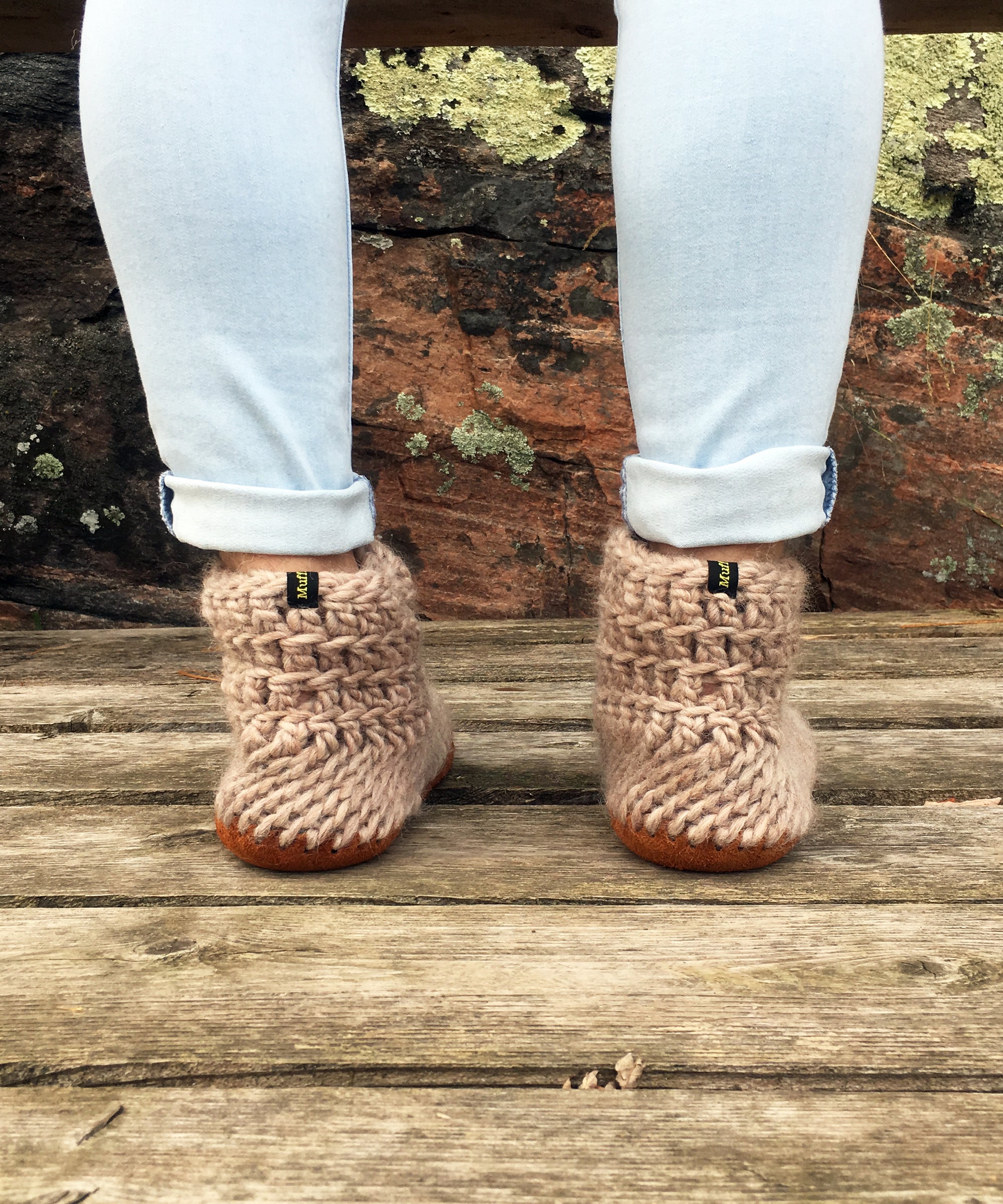 Beige Merino Wool Crochet Slippers with Leather Soles, Handmade in Canada