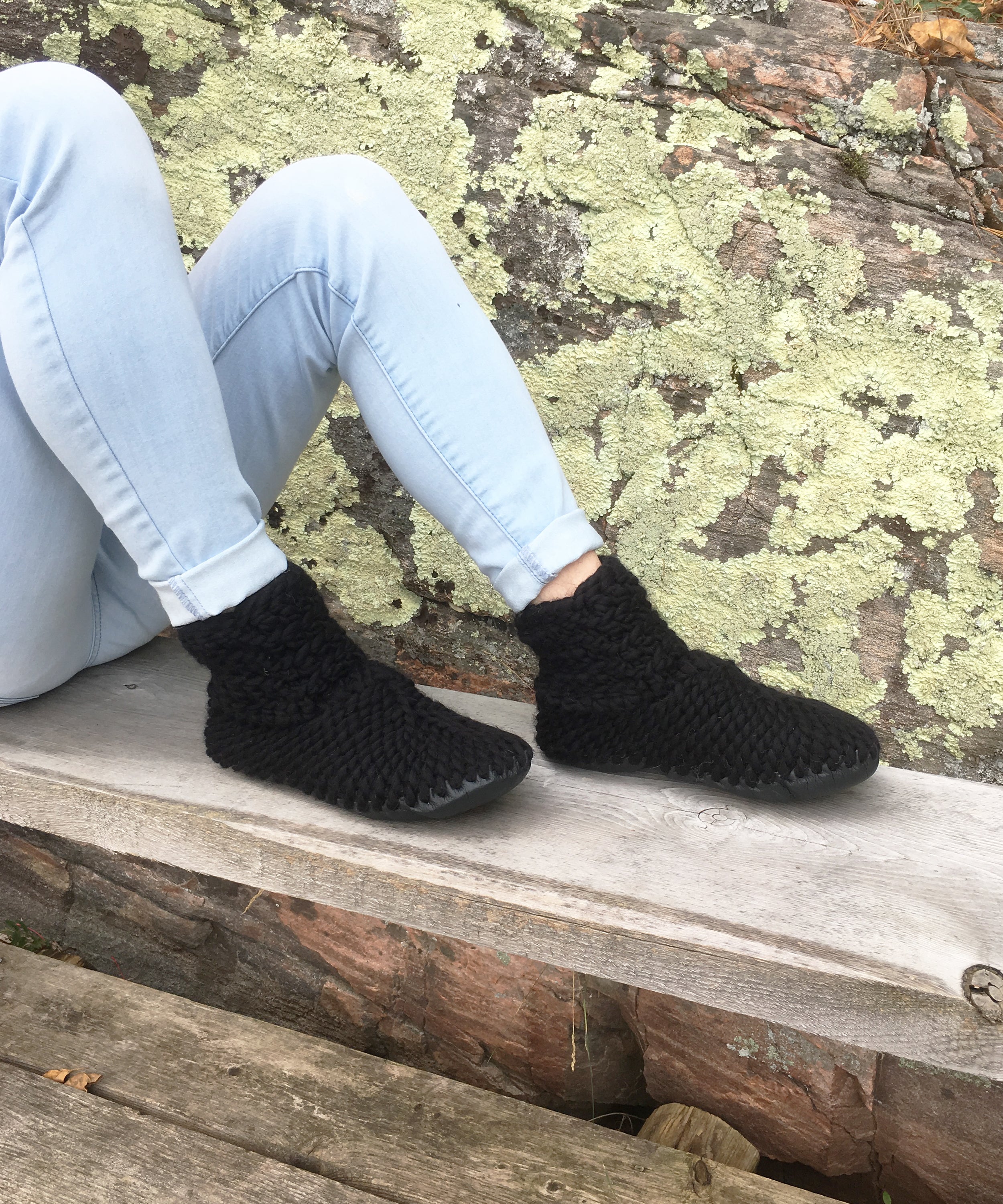 Black Merino Wool Slippers, Handmade in Canada