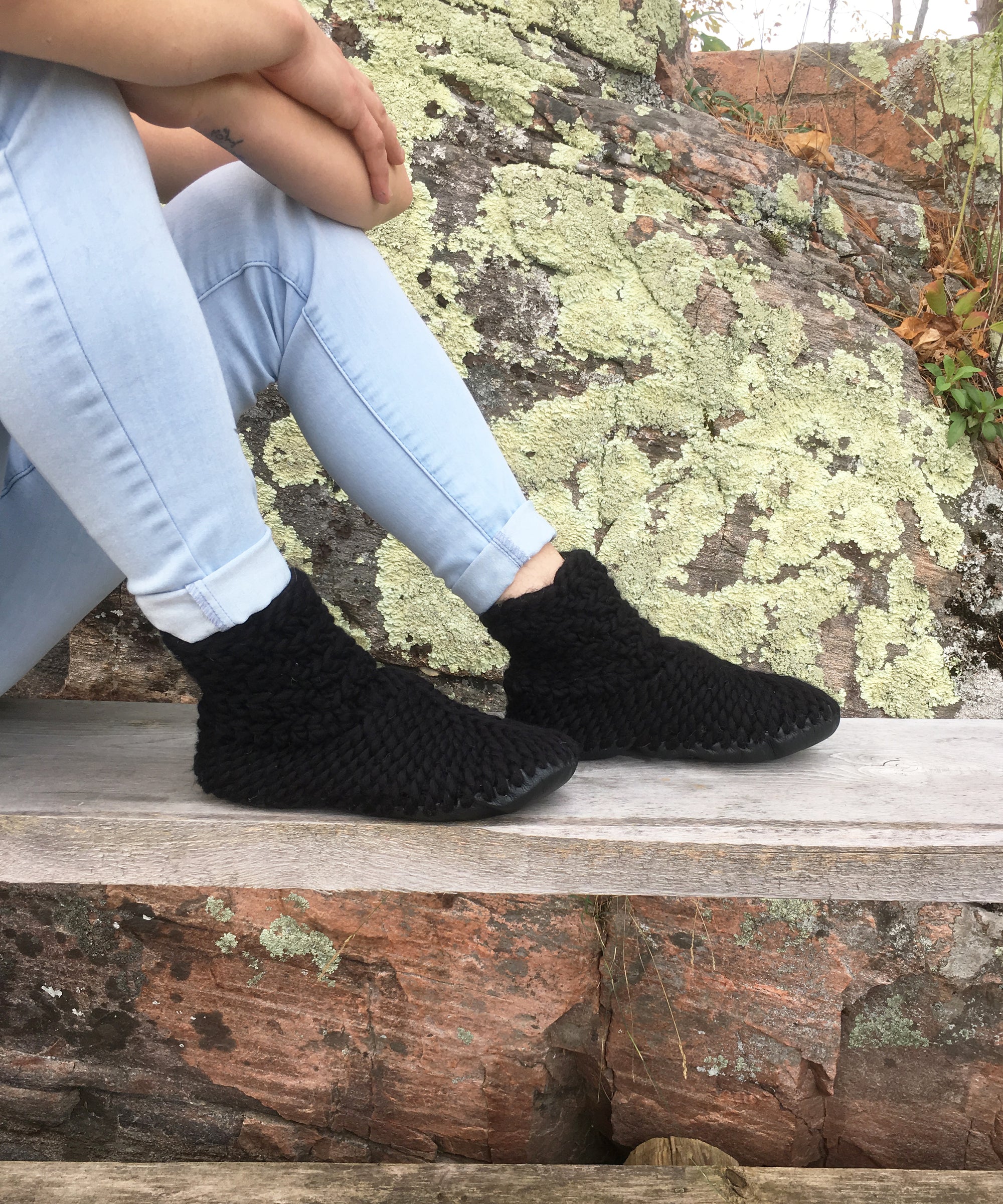 Black Crochet Slipper Booties with Leather Soles, Made in Canada