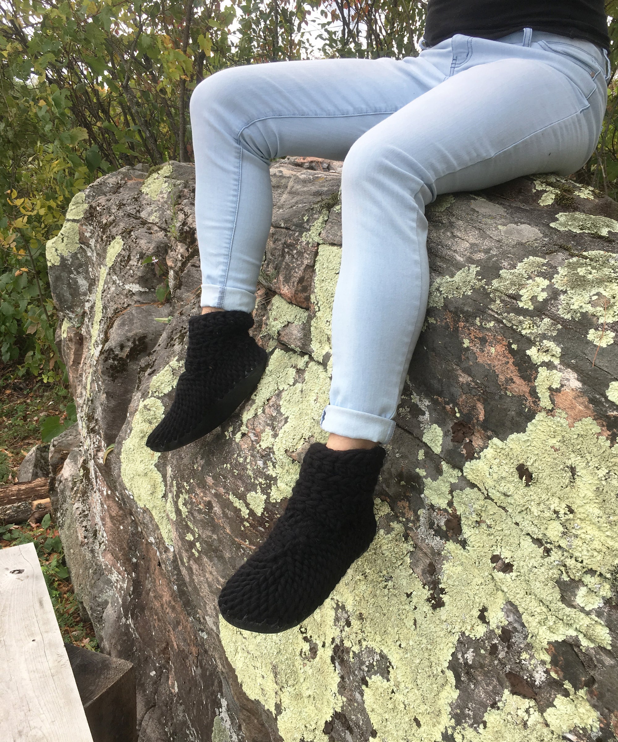 Black Crochet Merino Wool Slippers with Leather Soles