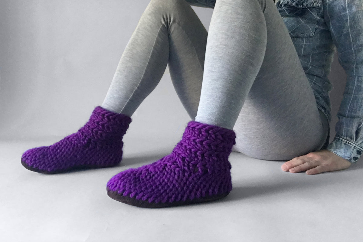 purple wool bootie slipper with sole, handmade in canada