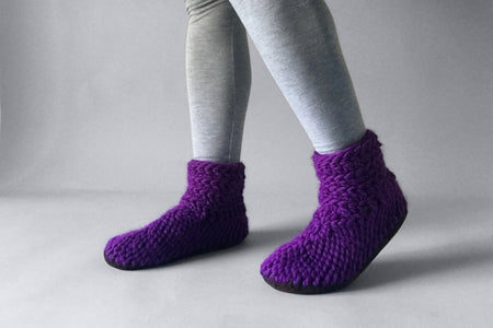 Purple knitted slipper sock with a leather sole for women, handmade in canada