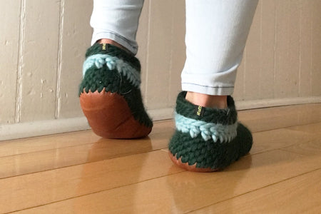 Green Knitted Merino Wool Slippers with Leather Sole Women, Handmade in Canada with reclaimed leather and fur lining