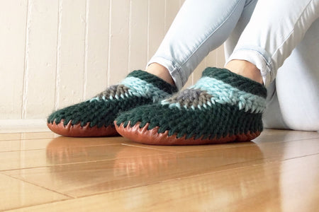 Crochet slipper booties with a grip sole, handmade in canada, furry slipper booties with sole, warm merino wool handmade slippers