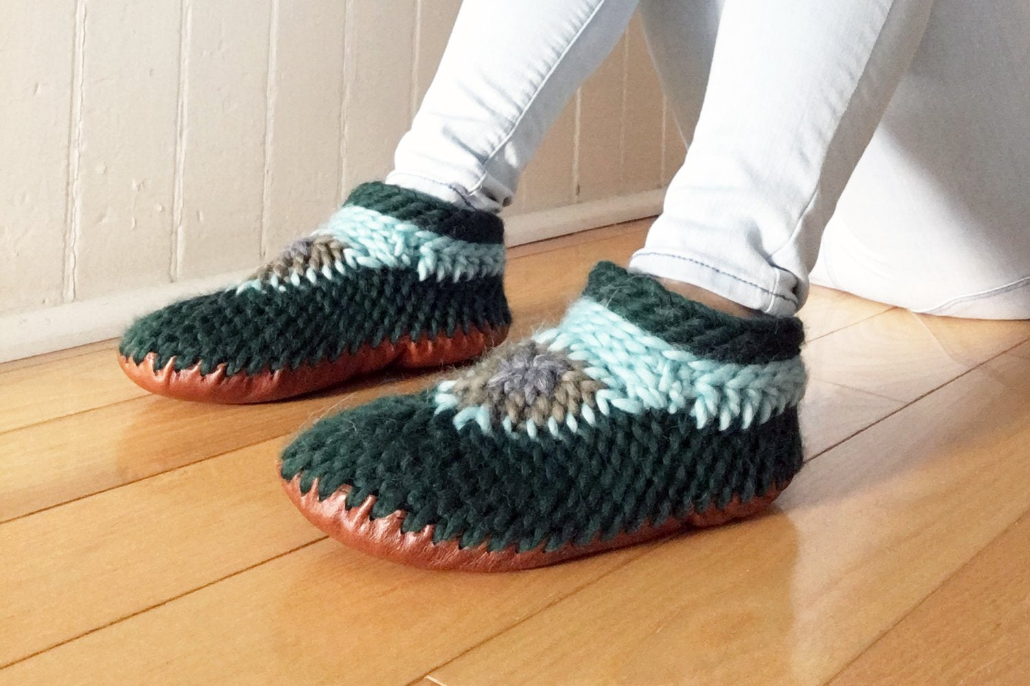 Green Merino Wool Slippers Handmade in Canada
