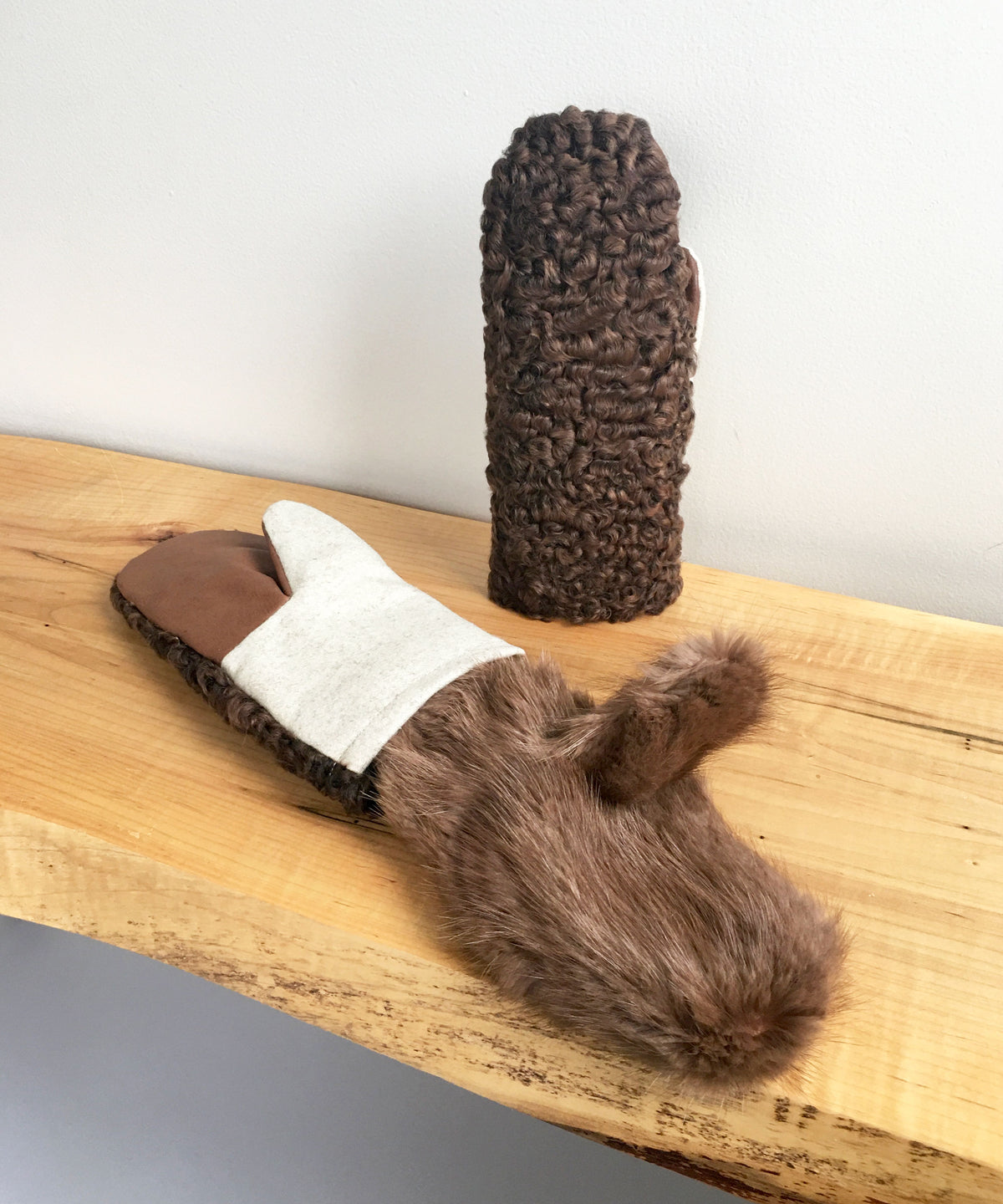 Real Fur Mittens Made in Canada from recycled fur coats, Warmest winter mittens canada, brown persian lamb astrakan mittens