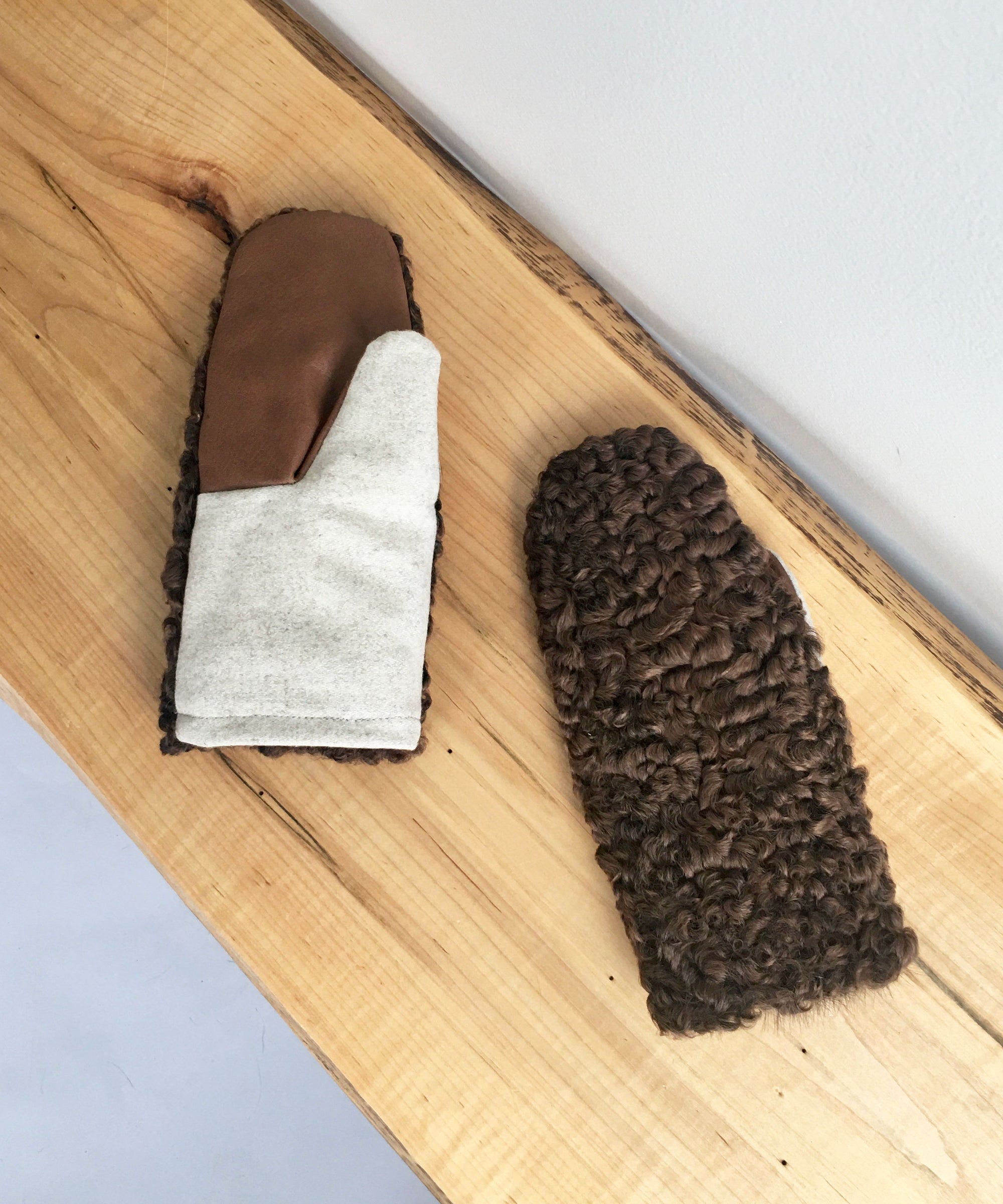 Windproof Winter Mittens for Extreme Cold Weather, -40 Degree Mittens Canada made from reclaimed fur coats, brown persian lamb astrakan fur