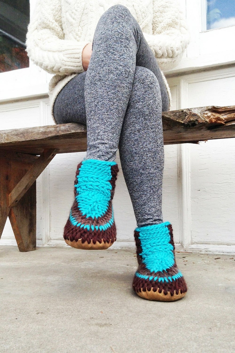 Demi-Boot: Hunter, Turquoise and Brown Merino Wool Slipper Boots with  Leather Soles