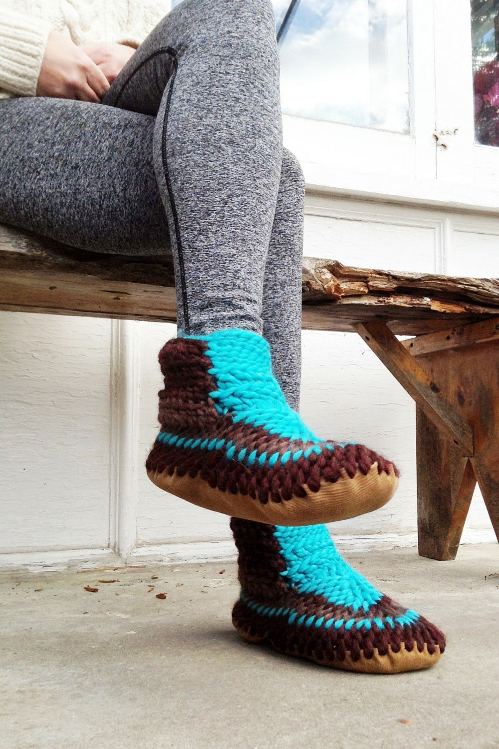Demi-Boot: Hunter, Turquoise and Brown Merino Wool Slipper Boots with  Leather Soles