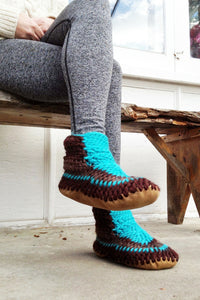 Turquoise Merino Wool Bootie Slipper with Leather Sole and Fur Lining, Handmade in Canada