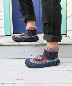 Blue Merino Wool Slippers with Leather Soles, Bootie Slippers Men, Handmade in Canada