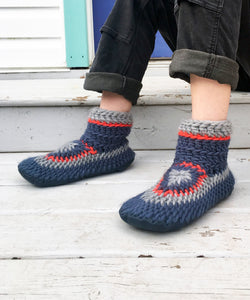 Blue and Red Wool Slippers for Men, Men's Crochet Slipper Bootie made in Canada