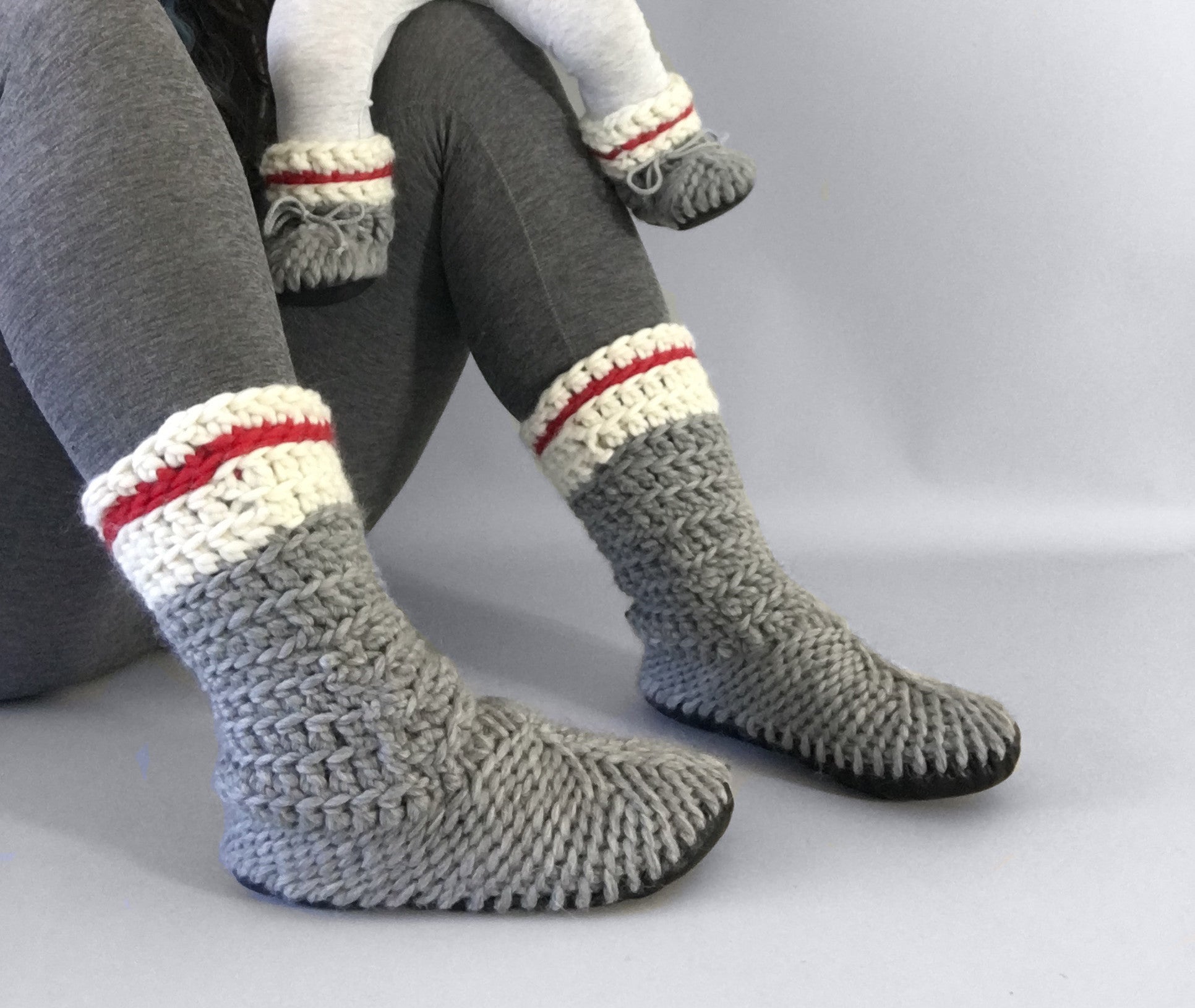 Muffle-Boot: Sock Monkey, Gray Merino Wool Slipper Boot with Leather Sole,  Red Stripe Sock