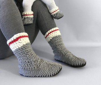 Merino Wool Slipper Boot, Gray with Red Stripe, Work Sock Slipper with Leather Sole